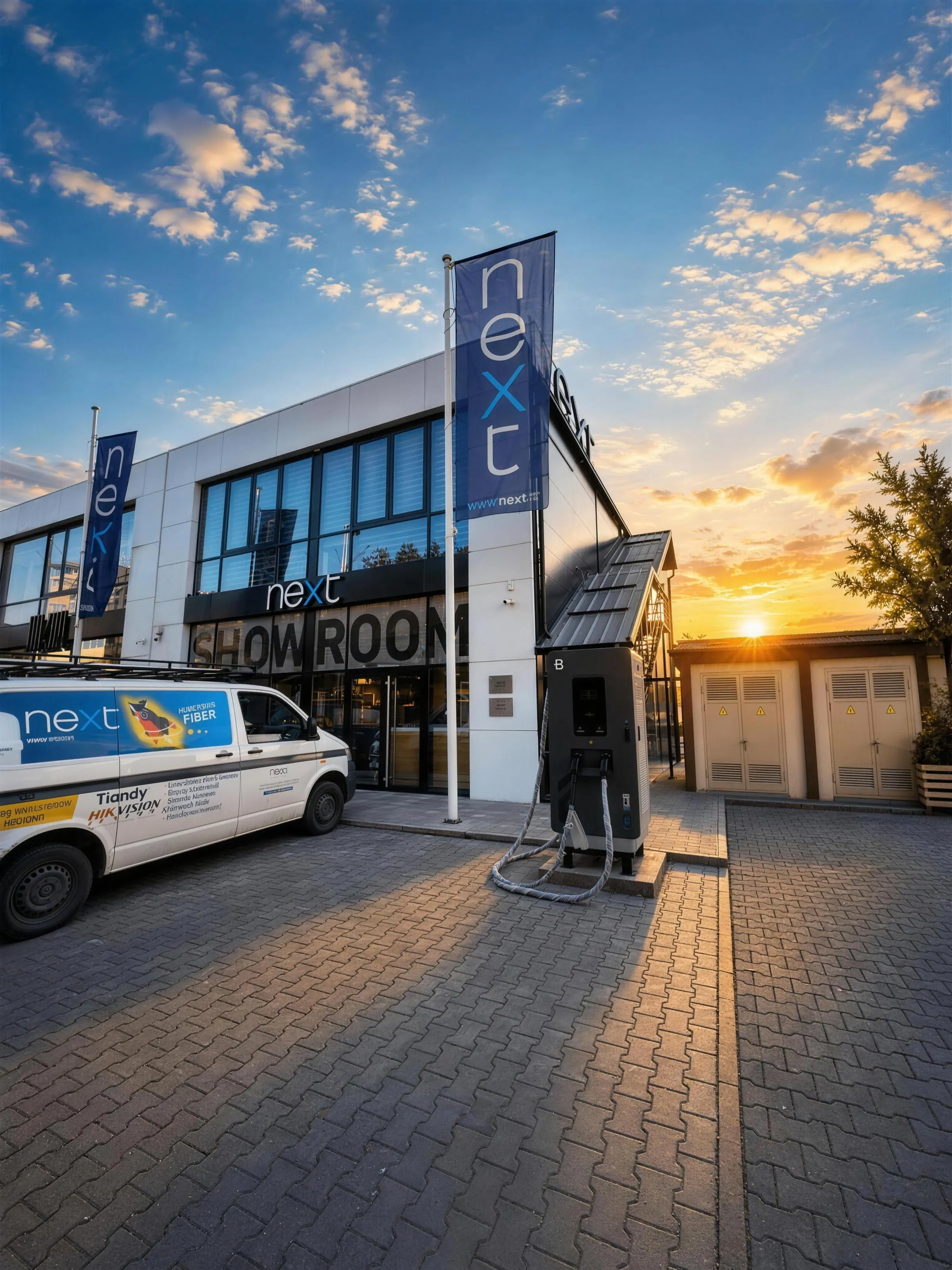 NEXT showroom u Novom Pazaru u zlatnom satu, sa NEXT zastavama i punjačem za električna vozila